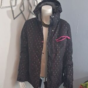 Girls Black and Pink Patterned Ski Jacket